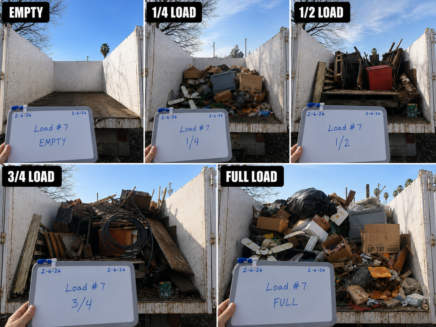 JP's Junk Removal truck load size guide showing empty, quarter, half, three-quarter, and full truck loads.