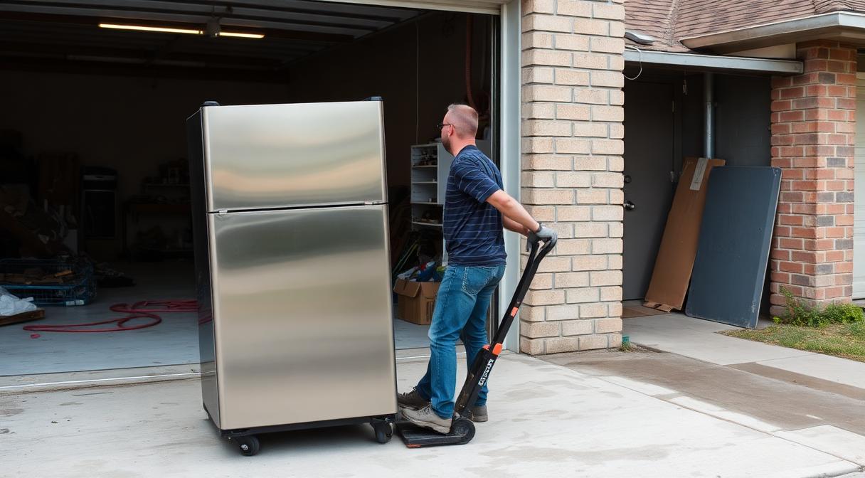 Worker wheeling an old refrigerator out of a home for appliance disposal and recycling