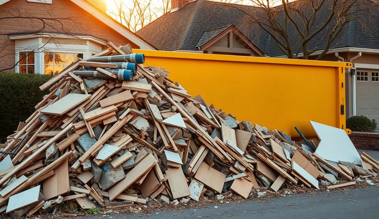 Contractor loading drywall, flooring, and remodel debris into a debris hauling truck