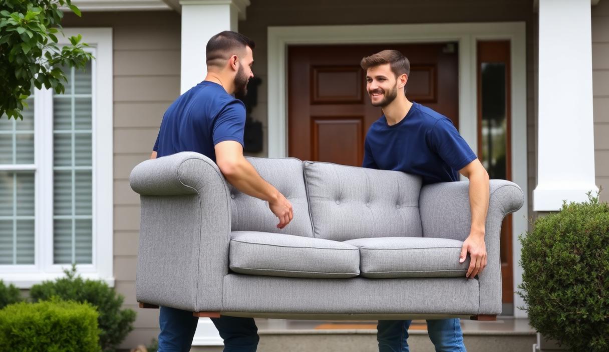 Two haulers carrying an old sofa out of a living room for furniture removal