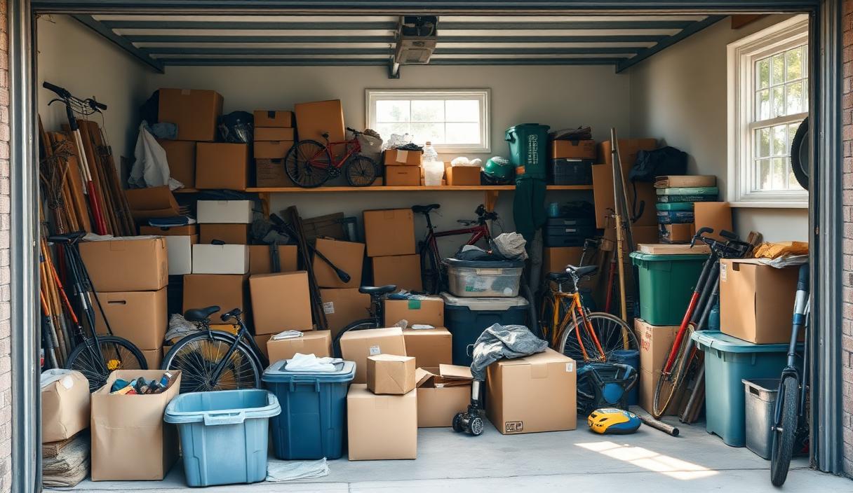 Cluttered residential garage being sorted and cleaned out by a junk removal crew