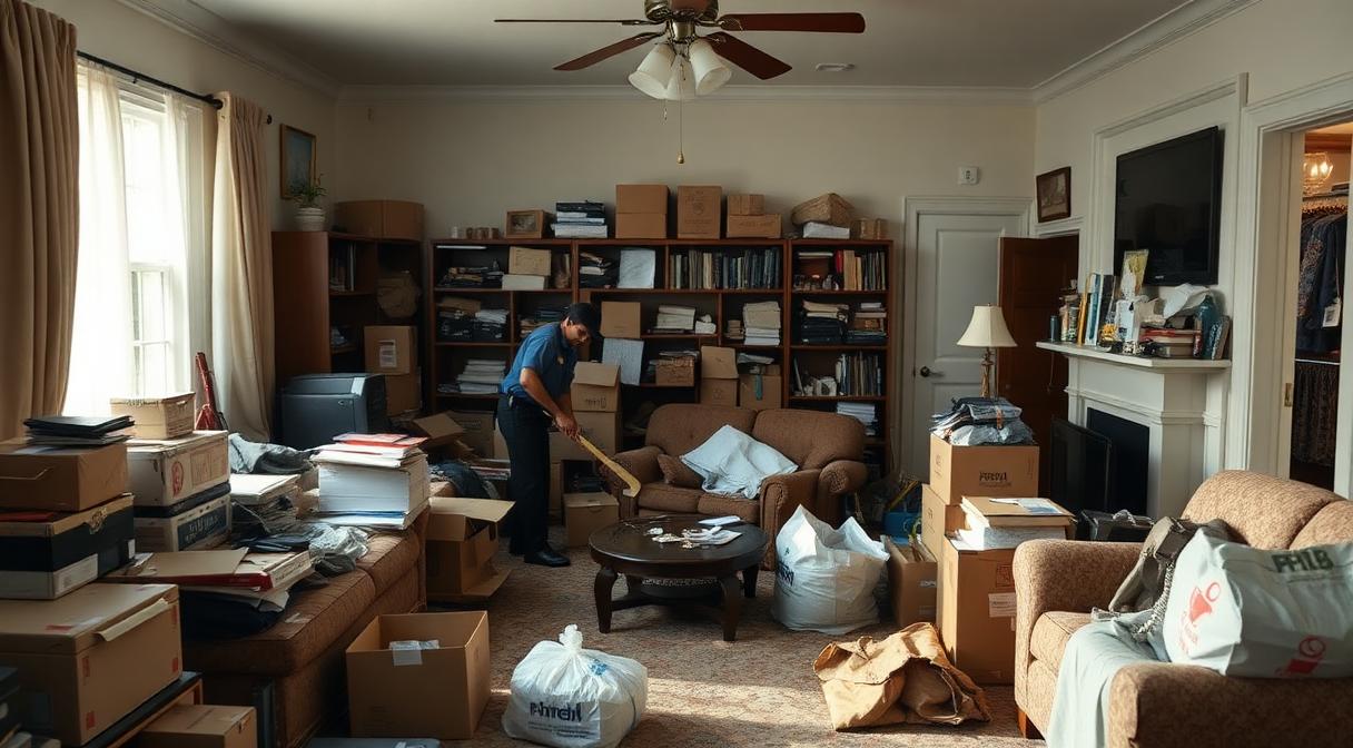 Junk removal crew respectfully clearing a cluttered home during a hoarder cleanout