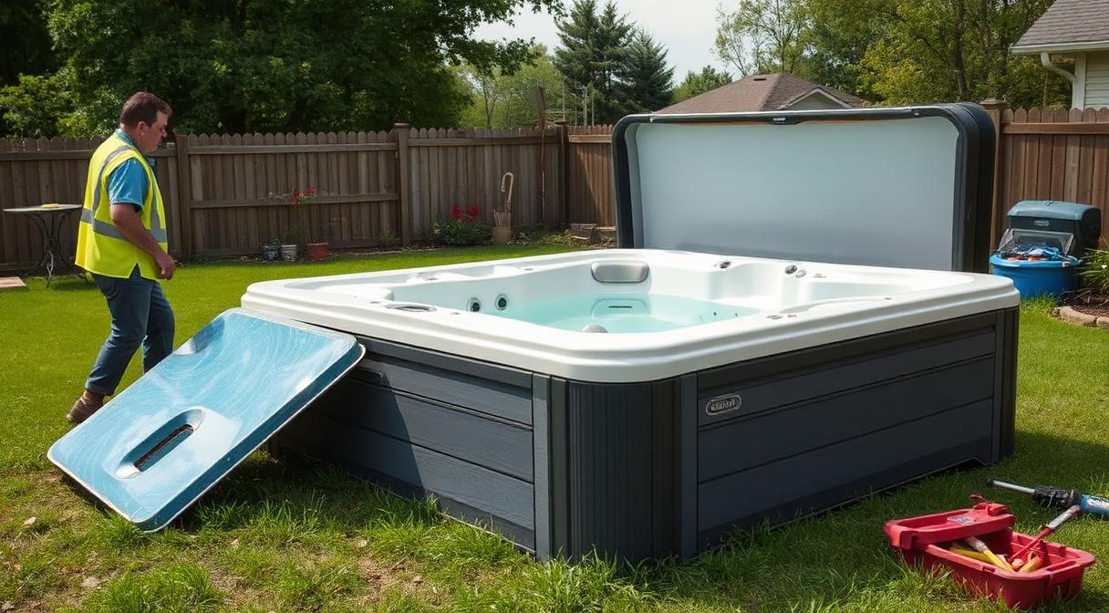 Crew cutting apart and removing an old backyard hot tub for disposal