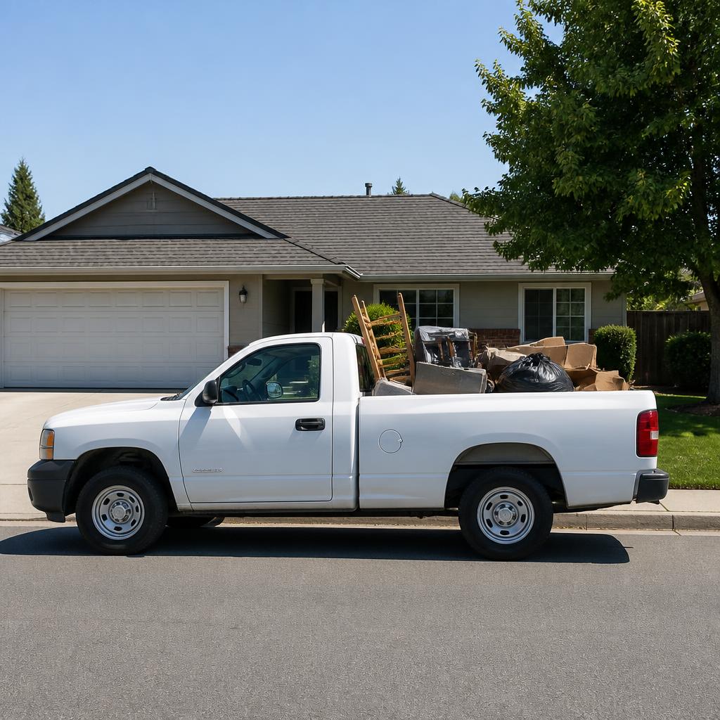 Junk removal truck parked at a Ceres, California home during a residential haul-away