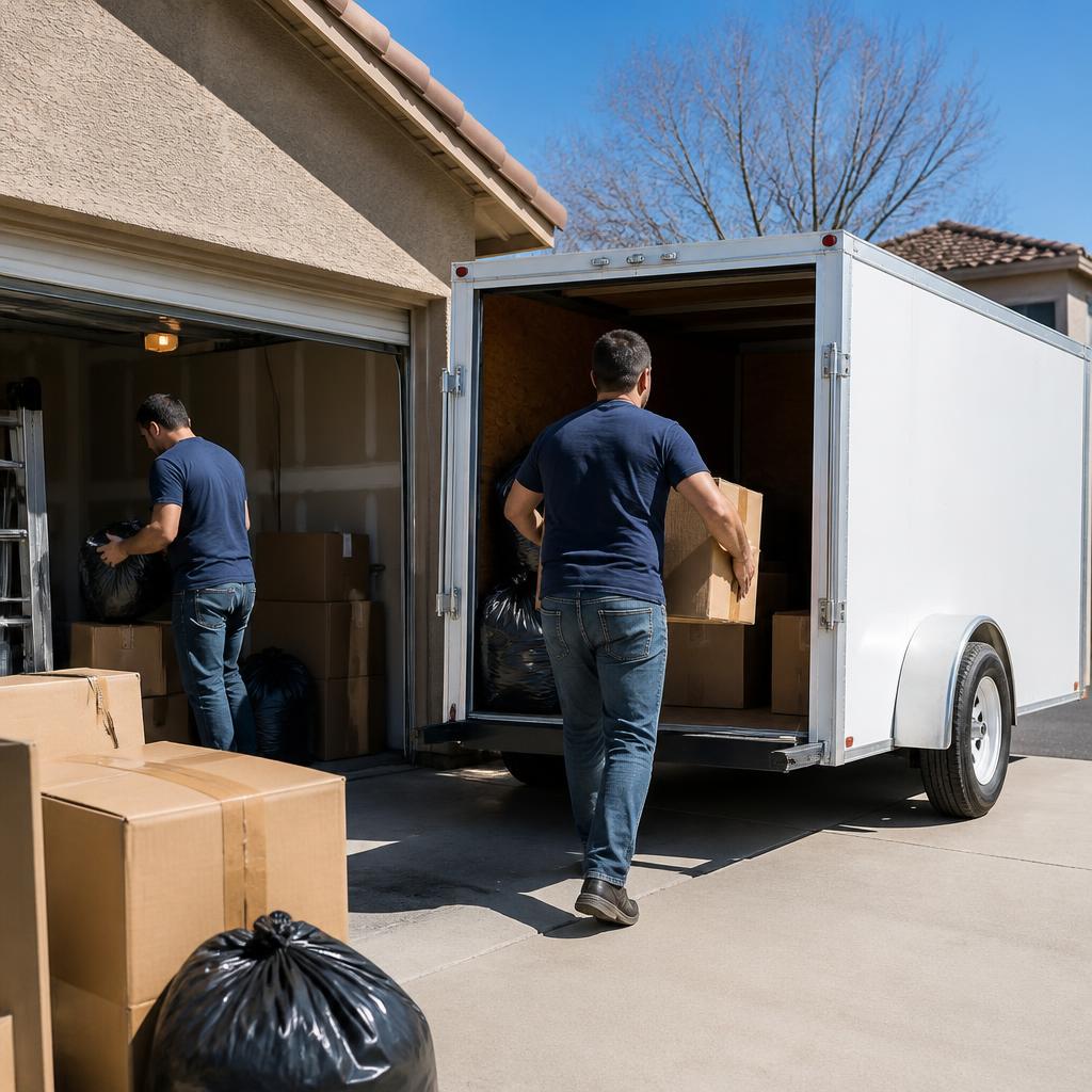 Junk removal team clearing a garage and driveway at a Manteca, California property