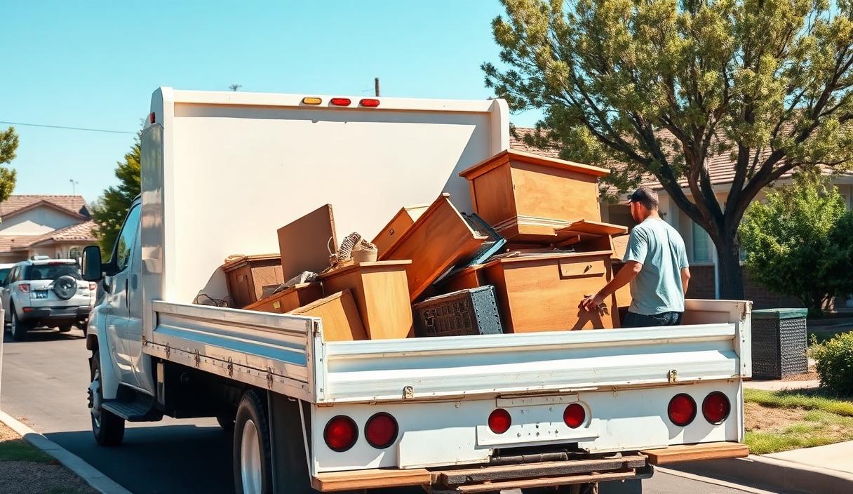 Junk removal crew loading furniture and debris outside a home in Merced, California