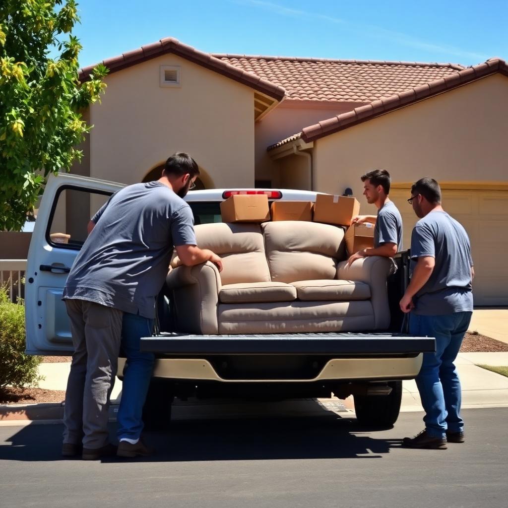 Junk removal truck serving a residential property in Modesto, California