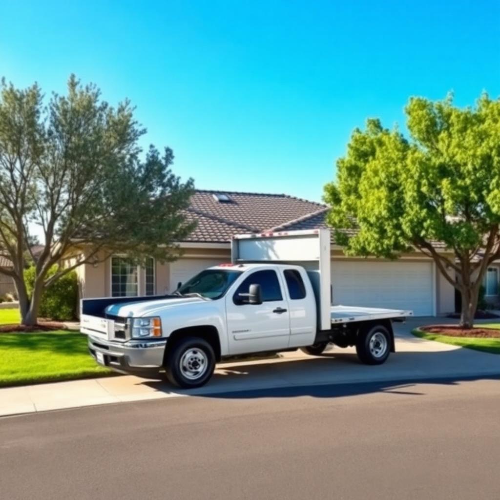 JP Junk Removal truck picking up household junk at a residential home in Turlock, California
