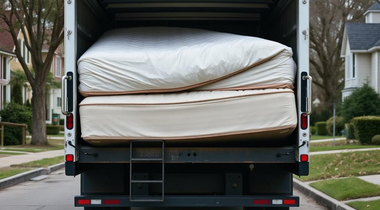 Hauler carrying an old mattress out of a bedroom for mattress recycling