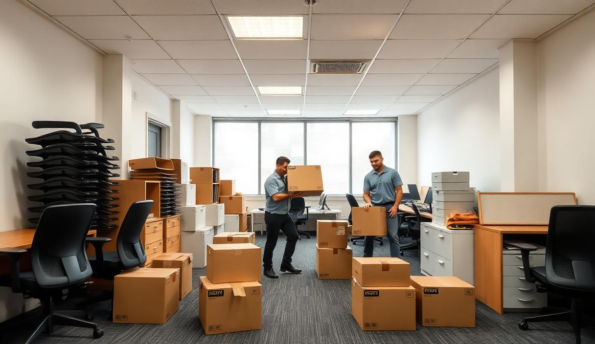 Movers removing old desks, chairs, and filing cabinets during a commercial office cleanout