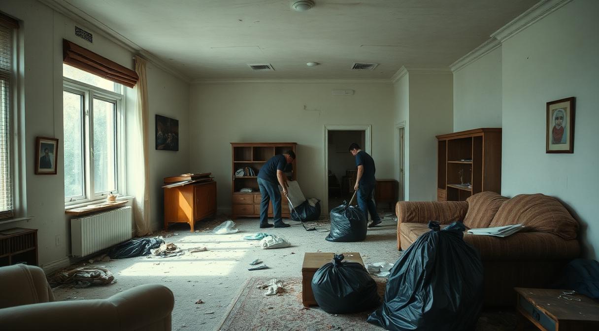 Property manager and haulers clearing a vacated rental unit after move-out