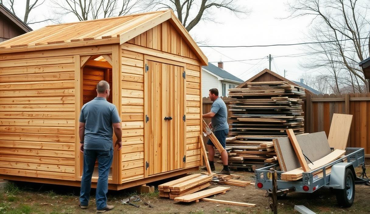 Workers demolishing and hauling away a backyard wood shed