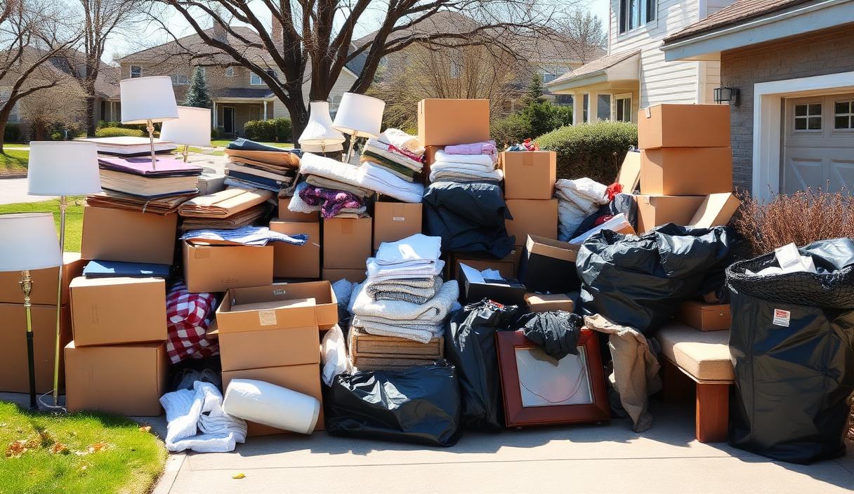 Family sorting household items into keep, donate, and haul piles during spring cleaning