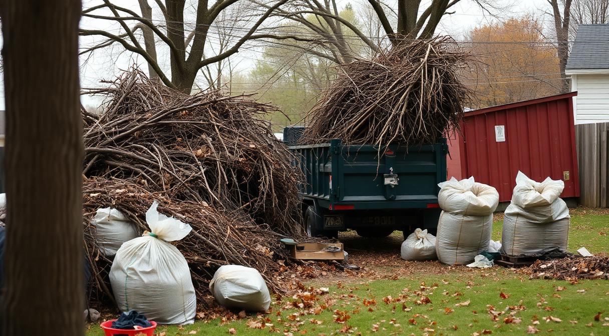 Pile of branches, leaves, and yard waste loaded into a hauling trailer